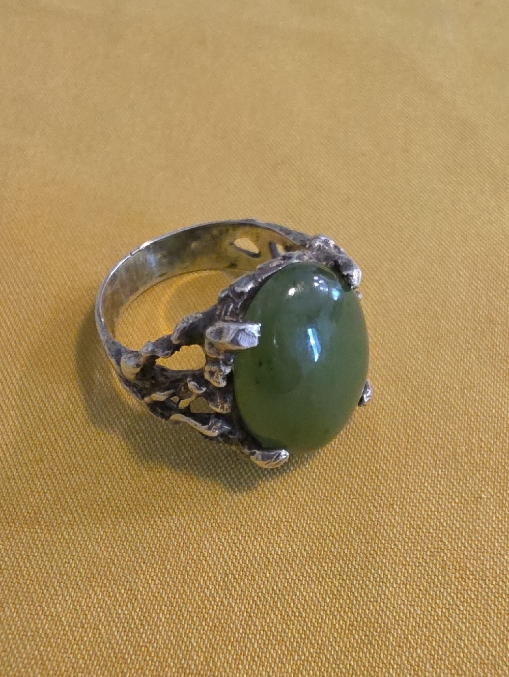Vintage Green Jade Cabochon Silver Ring (Unmarked) - Brutalust Design. AS: 7.25